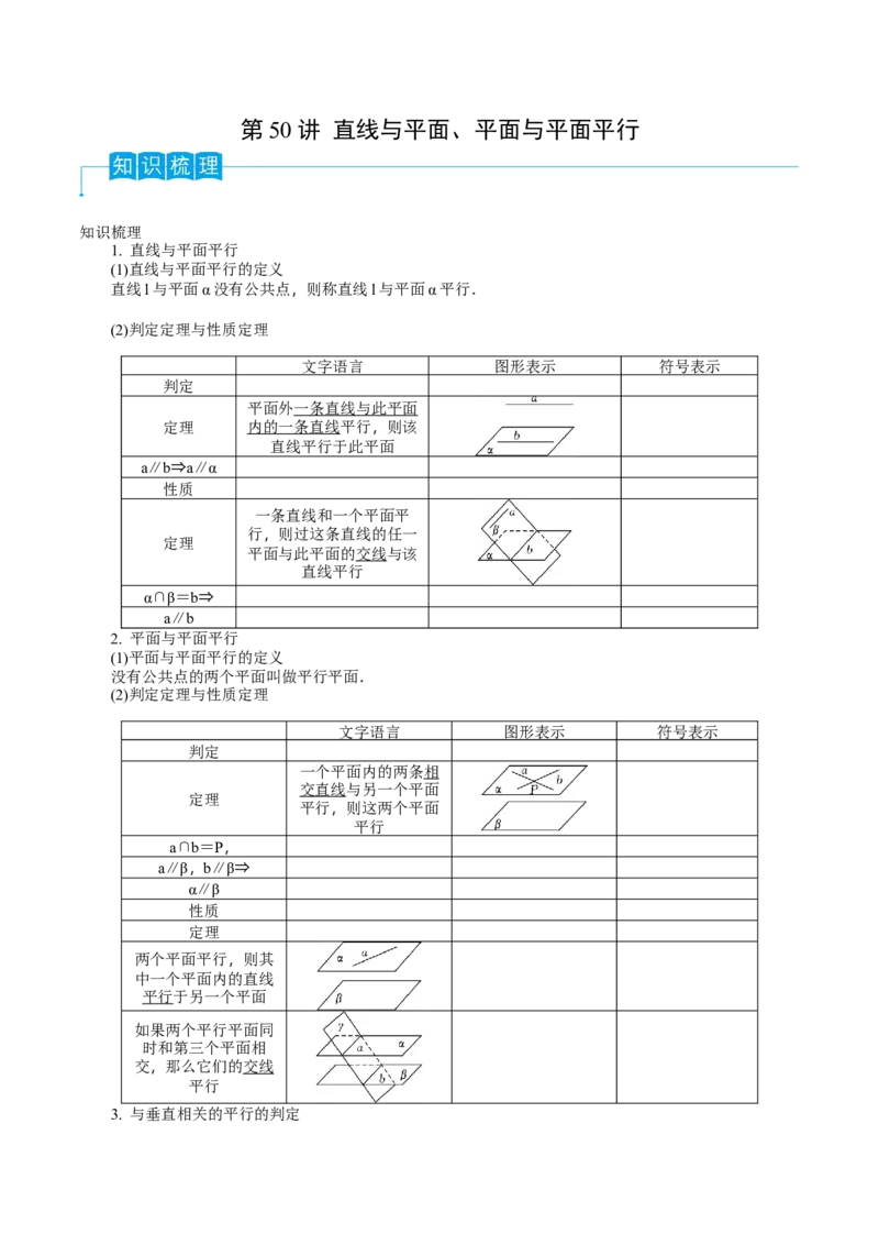 第50讲直线与平面、平面与平面平行（原卷版）_2.2025数学总复习_2024年新高考资料_1.2024一轮复习_2024年高考数学一轮复习精品导学案（新高考）