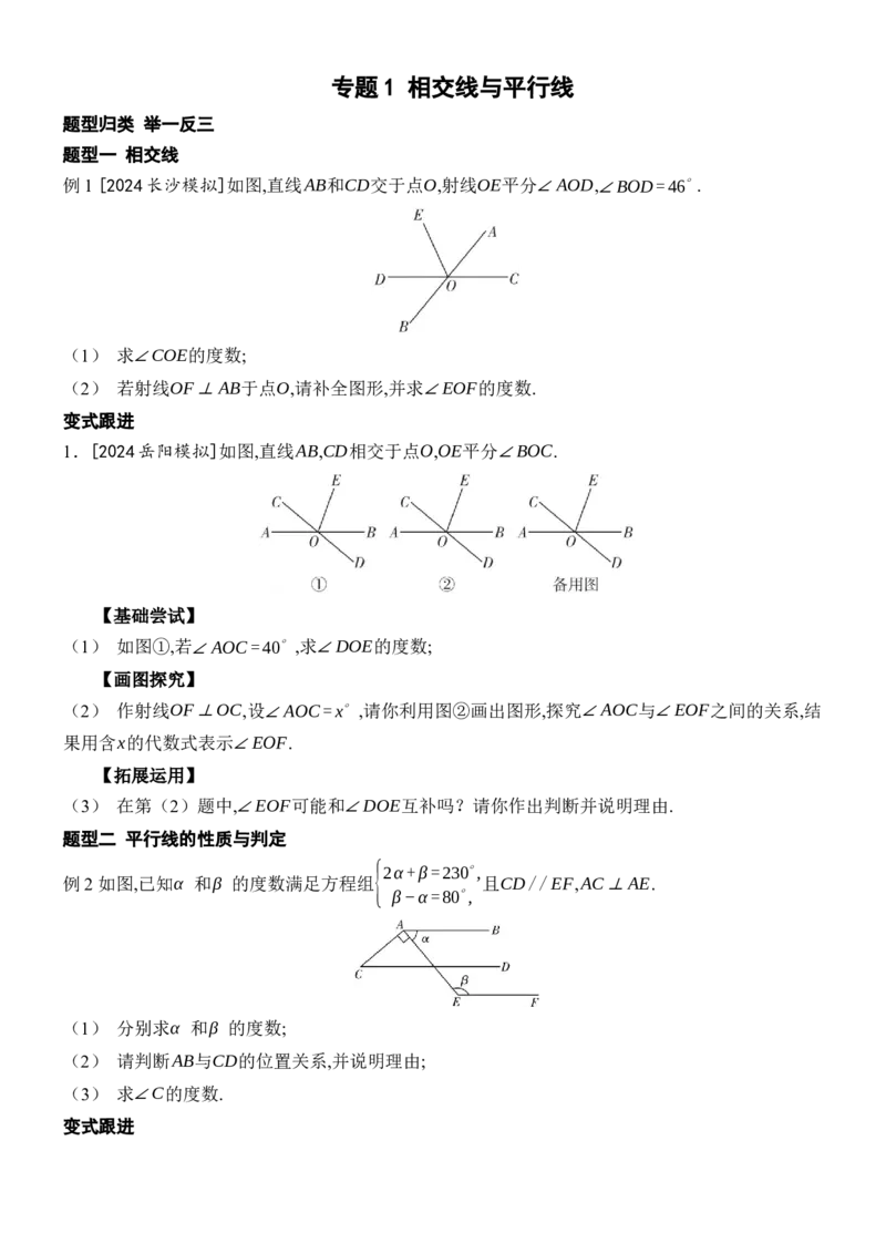 [22004415]专题1相交线与平行线题型归类（含答案）2024-2025学年数学人教版七年级下册_初中数学人教版_7下-初中数学人教版_7下-初中数学人教版（2025春季新版）持续更新_05习题试卷_第1套