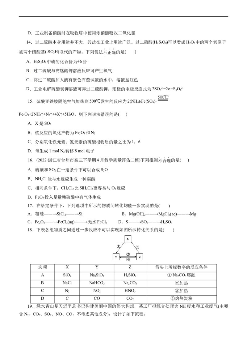 专题07非金属及其化合物（练）（原卷版）_05高考化学_通用版（老高考）复习资料_2023年复习资料_二轮复习_2023年高考化学二轮复习讲练测（全国通用）