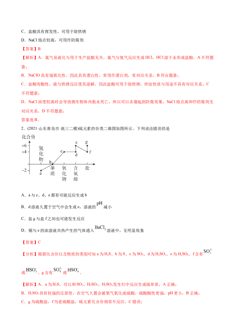 专题13元素及其化合物知识的综合应用-2021年高考化学真题与模拟题分类训练（教师版含解析）_05高考化学_新高考复习资料_2023年新高考资料_一轮复习_2023年新高考大一轮复习讲义