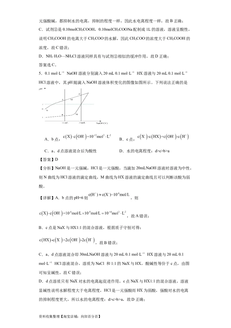 专项训练水的电离程度大小比较（解析版）_05高考化学_新高考复习资料_2024年新高考资料_一轮复习资料_2024届高三化学一轮复习&mdash;专项训练