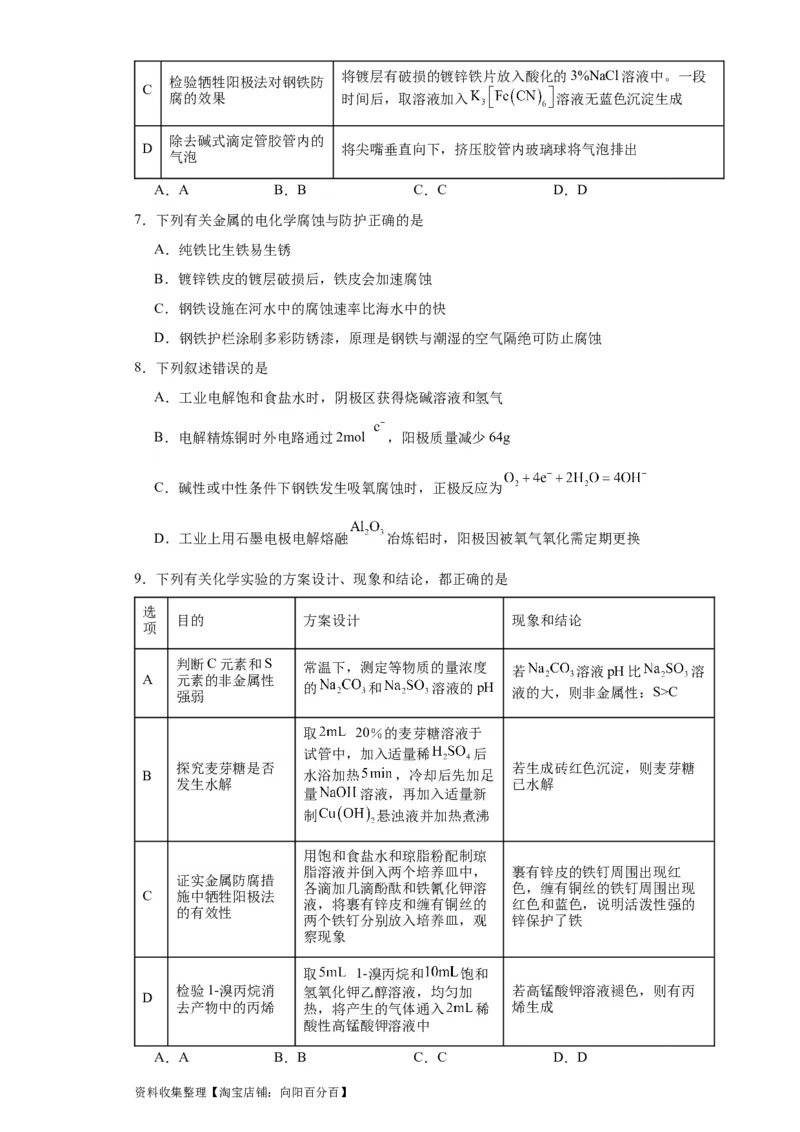 专项训练金属的腐蚀与防护（原卷版）_05高考化学_新高考复习资料_2024年新高考资料_一轮复习资料_2024届高三化学一轮复习&mdash;专项训练