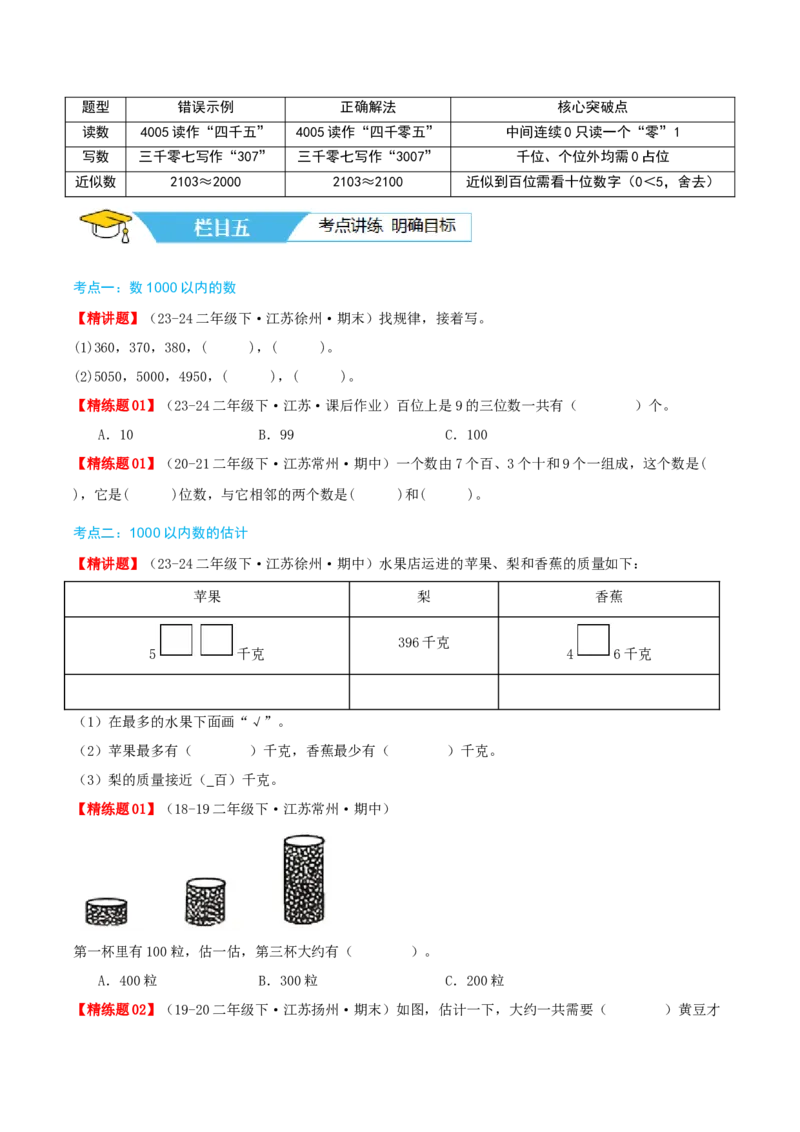 第四讲认识万以内的数（导图+知识精讲+易错点拨+11大考点讲练+易错压轴练+难度分层练共53题）-（学生版）_二年级数学下册（苏教版）_第四套_母题专项练习-K36_2025版