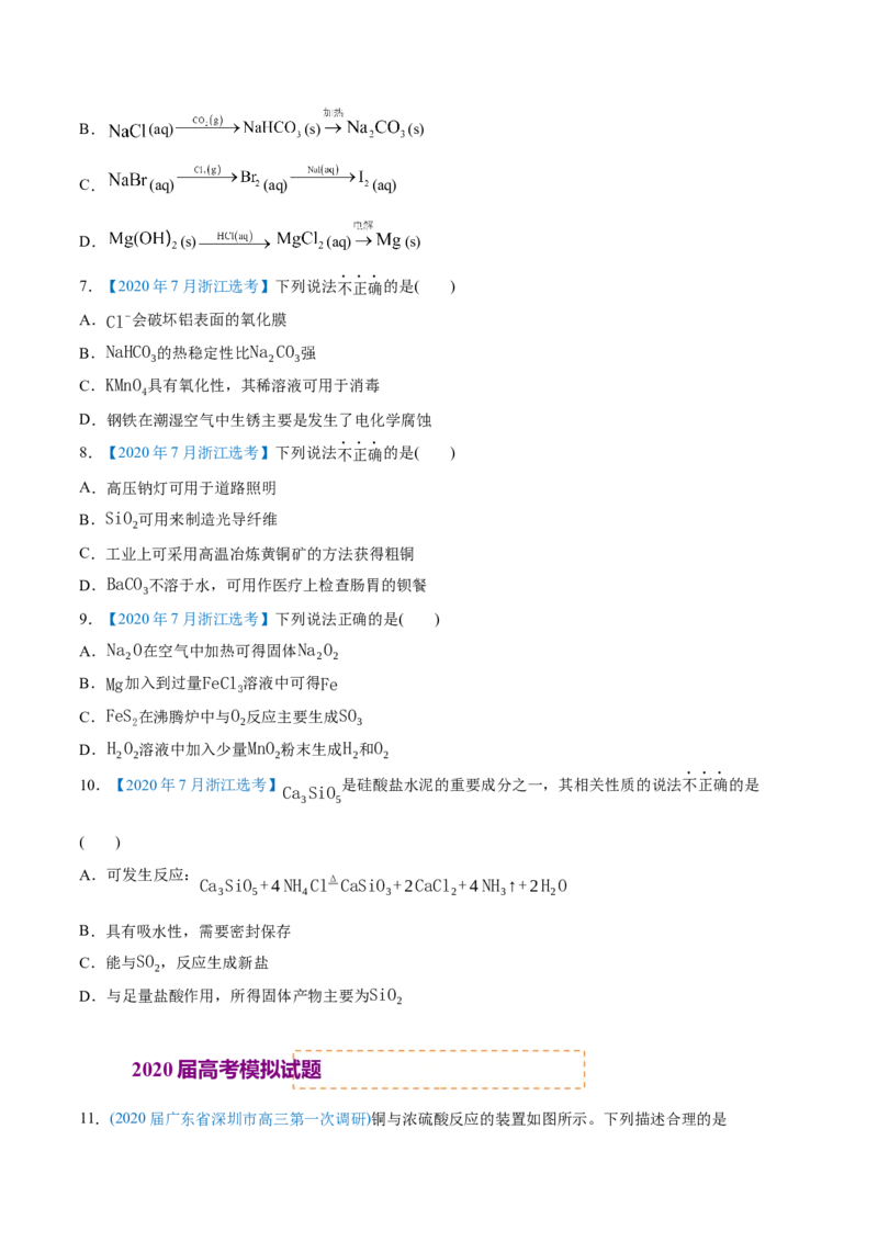 专题05元素及其化合物-2020年高考化学真题与模拟题分类训练（学生版）_05高考化学_新高考复习资料_2022年新高考资料_2022年一轮复习各版本_1.高考化学2022年一轮复习通用版
