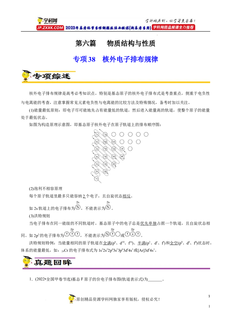 专项38核外电子排布规律（原卷版）_05高考化学_新高考复习资料_2023年新高考资料_专项复习_2023年高考化学热点专项导航与精练（新高考专用）