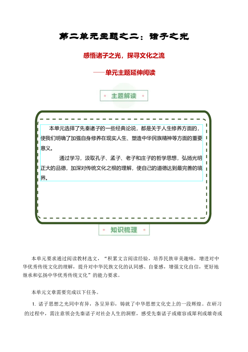 第二单元主题之二：诸子之光（感悟诸子之光，探寻文化之流）（统编版）教师版_高语_高中语文_选择性必修上册_单元阅读