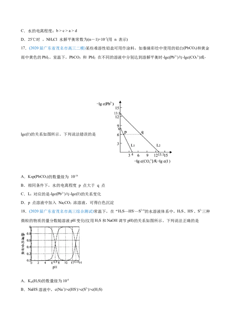 专题10水溶液中的离子平衡-2020年高考化学真题与模拟题分类训练（学生版）_05高考化学_新高考复习资料_2022年新高考资料_2022年一轮复习各版本_1.高考化学2022年一轮复习通用版