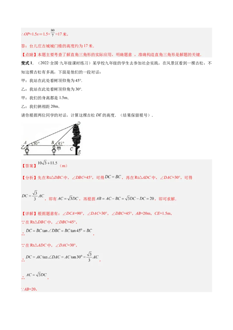 专题10解直角三角形及其应用（热考题型）-解析版_初中数学人教版_9下-初中数学人教版_07专项讲练_一题三变系列2022-2023学年九年级数学下册重要考点题型精讲精练(人教版)