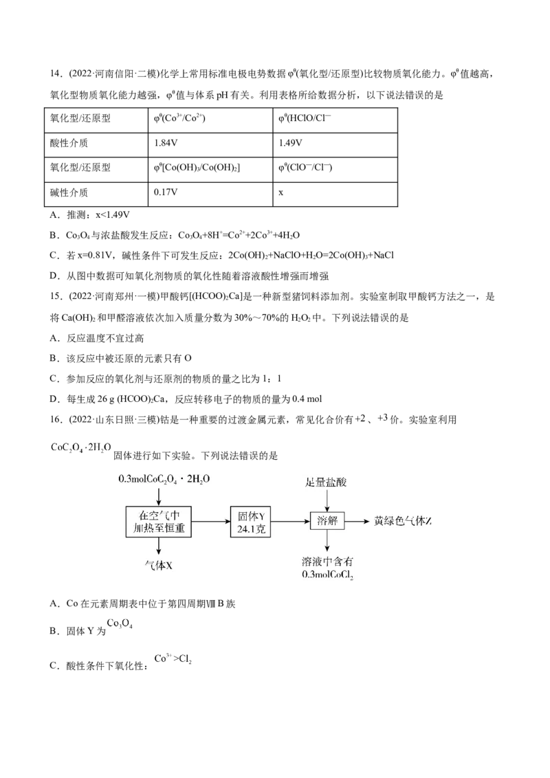 专题04氧化还原反应-2022年高考真题和模拟题化学分专题训练（学生版）_05高考化学_2024年新高考资料_1.2024一轮复习_赠2022年高考化学真题与模拟题分类训练