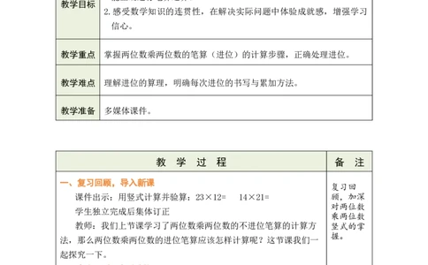 第4课时两位数乘两位数的笔算（进位）_A151三年级下册数学（苏教版）_2026春新版_第二套_03教案（第二套）齐全_第3单元两位数乘两位数（教案）