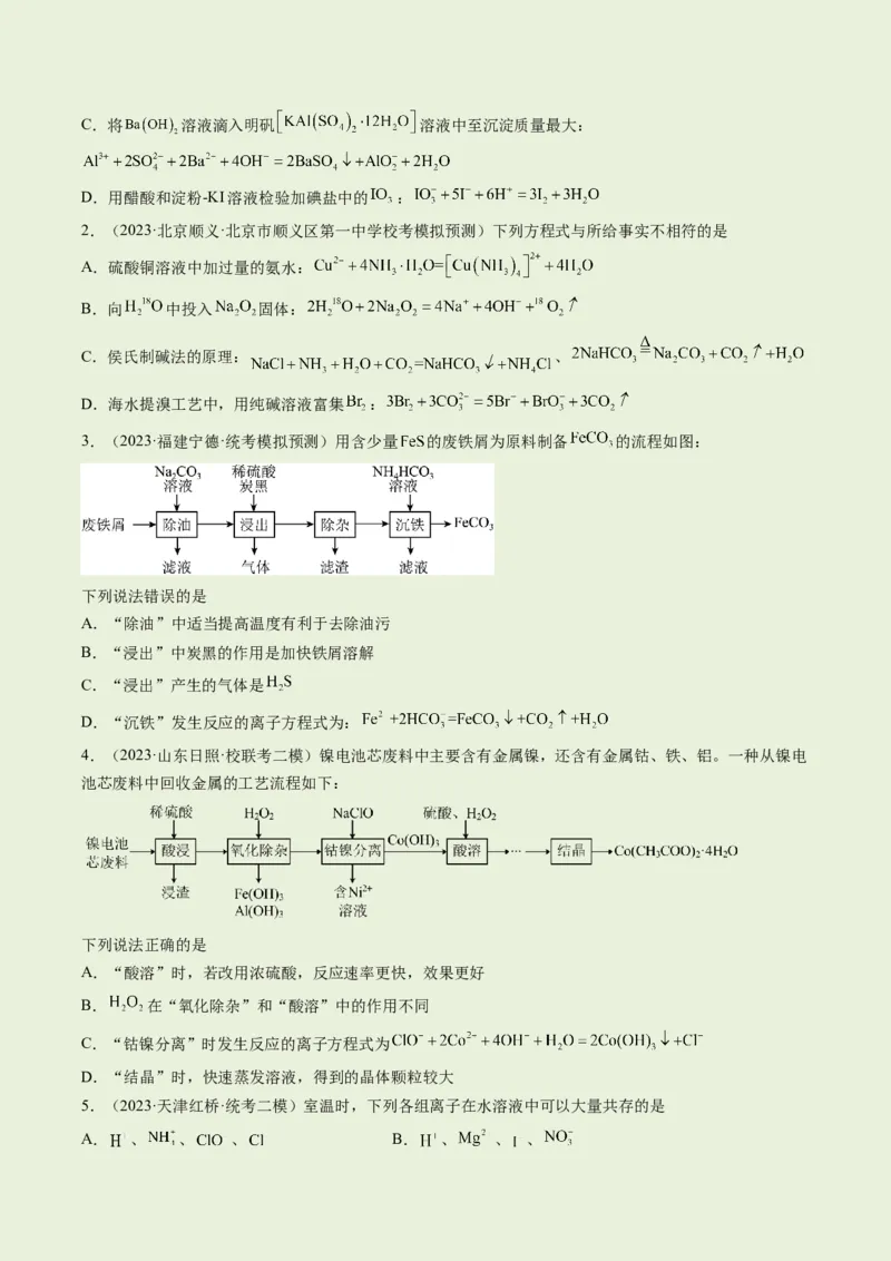 专题03离子反应（分层练）（原卷版）_05高考化学_2024年新高考资料_2.2024二轮复习_高频考点2024年高考化学二轮复习高频考点追踪与预测（新高考专用）