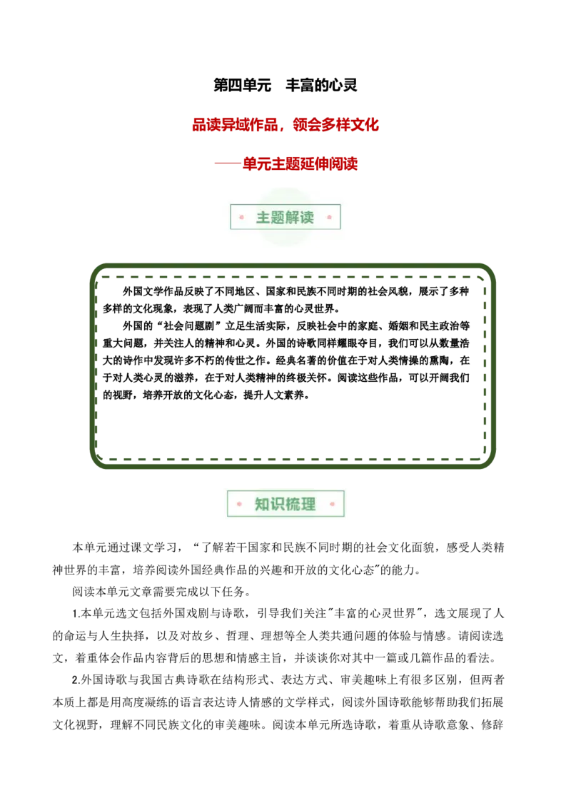 第四单元主题：丰富的心灵（品读异域作品，领会多样文化）（统编版）（教师版）_高语_高中语文_选择性必修中册_单元阅读