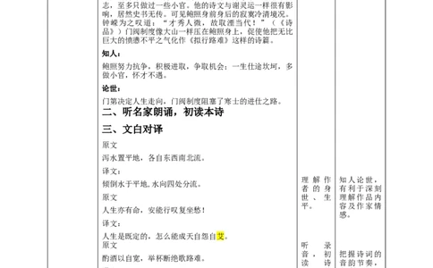 高中语文选择性必修下《拟行路难（其四）》教学设计_高语_高中语文_必修上册_高中语文全套资料说课稿_4、新版本-高中语文部编版教案（绿地工作室2024年）_第二套推荐