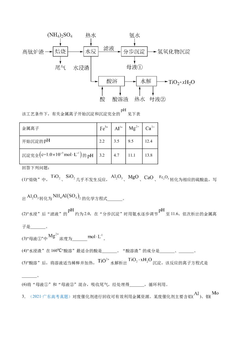 专题15工艺流程题-2021年高考真题和模拟题化学分项汇编（原卷版）_05高考化学_新高考复习资料_2022年新高考资料_2021年高考真题和模拟题化学分项汇编（全国通用）