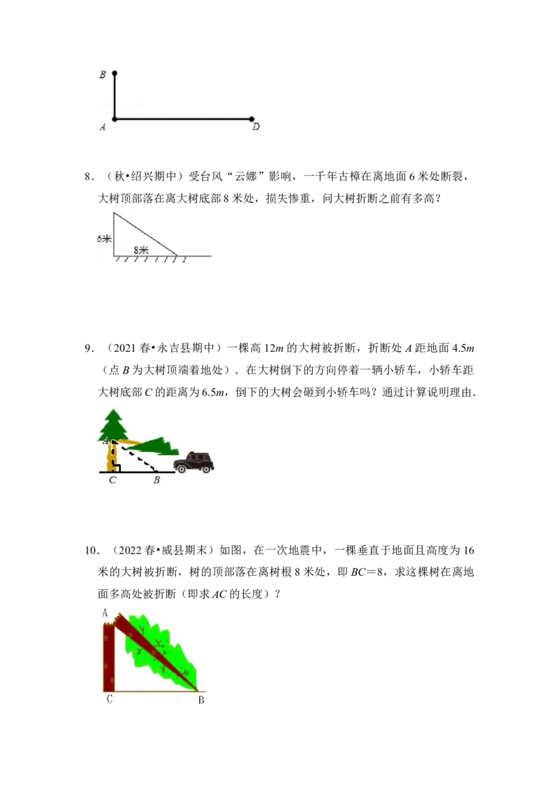 专题10勾股定理之大树折断模型综合应用（2大类型）（原卷版）_初中数学人教版_八年级数学下册_保存转存之后查看(1)_8下-初中数学人教版（2026春新版持续更新）_旧版-可参考_06习题试卷
