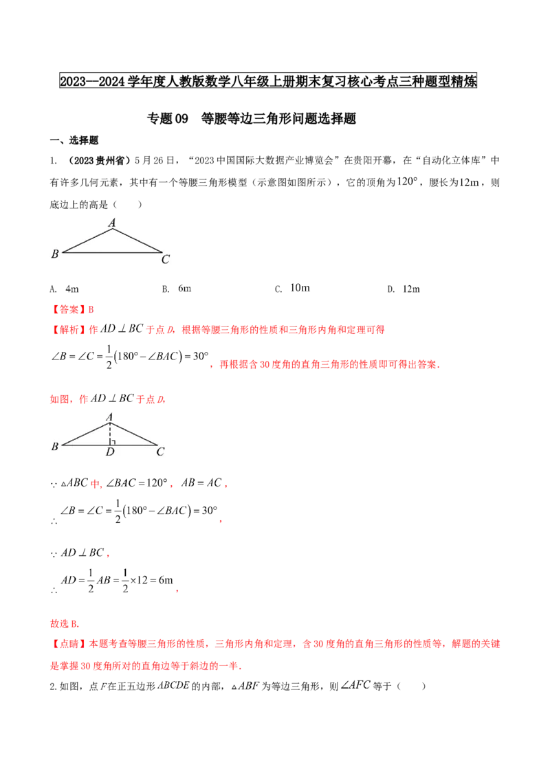 专题09等腰等边三角形问题（解析版）_初中数学人教版_8上-初中数学人教版_旧版_06习题试卷_6期中期末复习专题