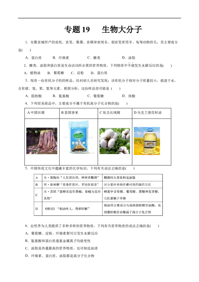 专题19生物大分子-2023年高考化学一轮复习小题多维练（原卷版）_05高考化学_通用版（老高考）复习资料_2023年复习资料_一轮复习_2023年高考化学一轮复习小题多维练（全国通用）