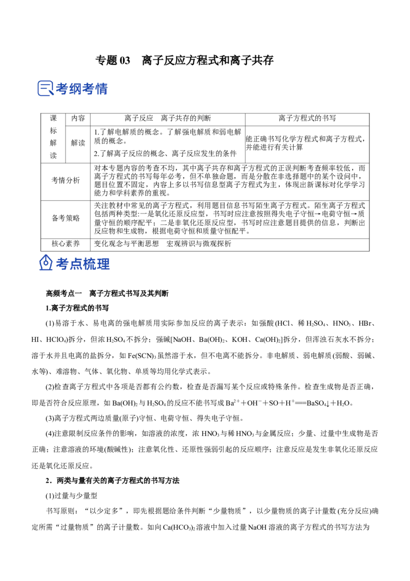 专题03离子反应方程式和离子共存（讲）原卷版-2023年高考化学二轮复习讲练测（新高考专用）_05高考化学_新高考复习资料_2023年新高考资料_二轮复习