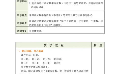 第3课时两位数乘两位数的笔算（不进位）_A151三年级下册数学（苏教版）_2026春新版_第二套_03教案（第二套）齐全_第3单元两位数乘两位数（教案）