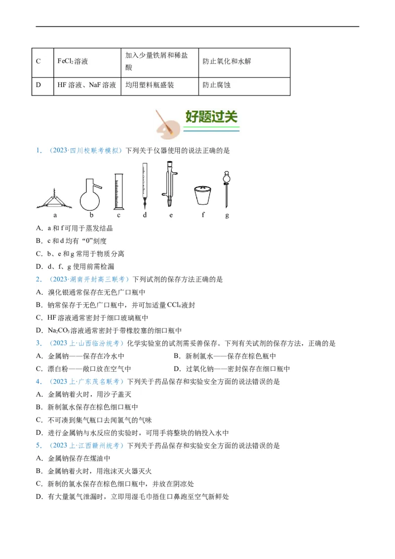 专题01仪器的使用与药品的保存-实验攻略备战2024年高考化学实验常考知识点全突破（原卷版）_05高考化学_新高考复习资料_2024年新高考资料_❤专项复习资料
