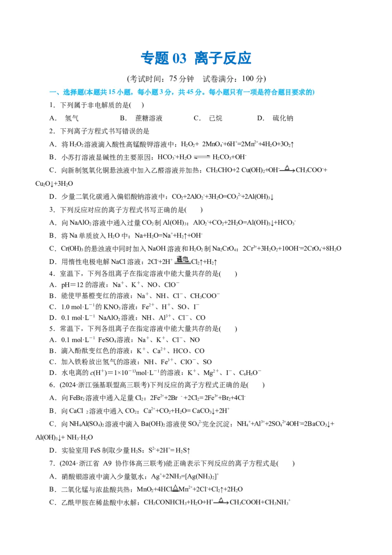 专题03离子反应(测试)(原卷版)_05高考化学_2024年新高考资料_2.2024二轮复习_2024年高考化学二轮复习讲练测（新教材新高考）