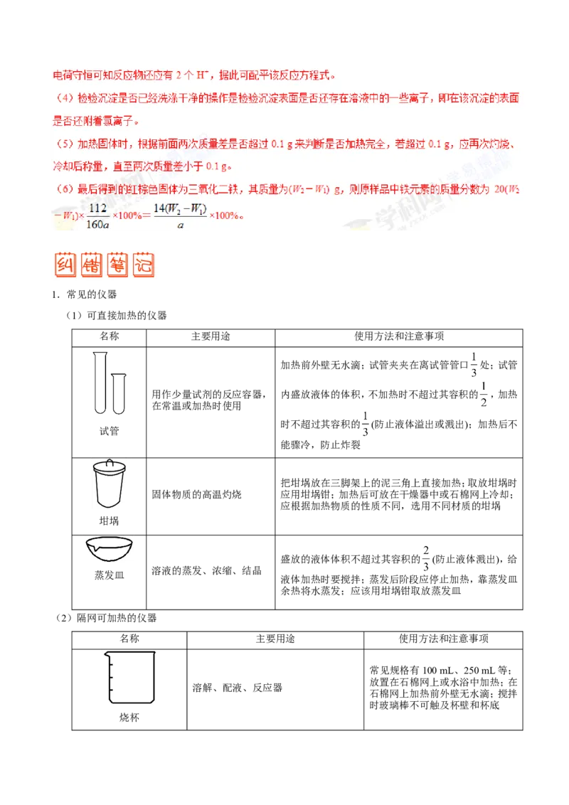 专题10化学实验基础-高中化学纠错笔记_05高考化学_新高考复习资料_2022年新高考资料_2022年一轮复习各版本_1.高考化学2022年一轮复习通用版_赠品高中化学纠错笔记