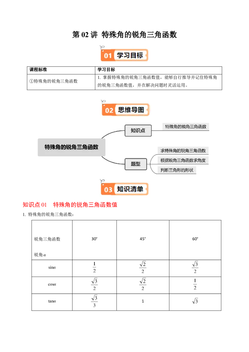第02讲特殊角的三角函数值（2个知识点+4类热点题型讲练+习题巩固）（教师版）_初中数学_九年级数学下册（人教版）_同步讲义-U18_2025版