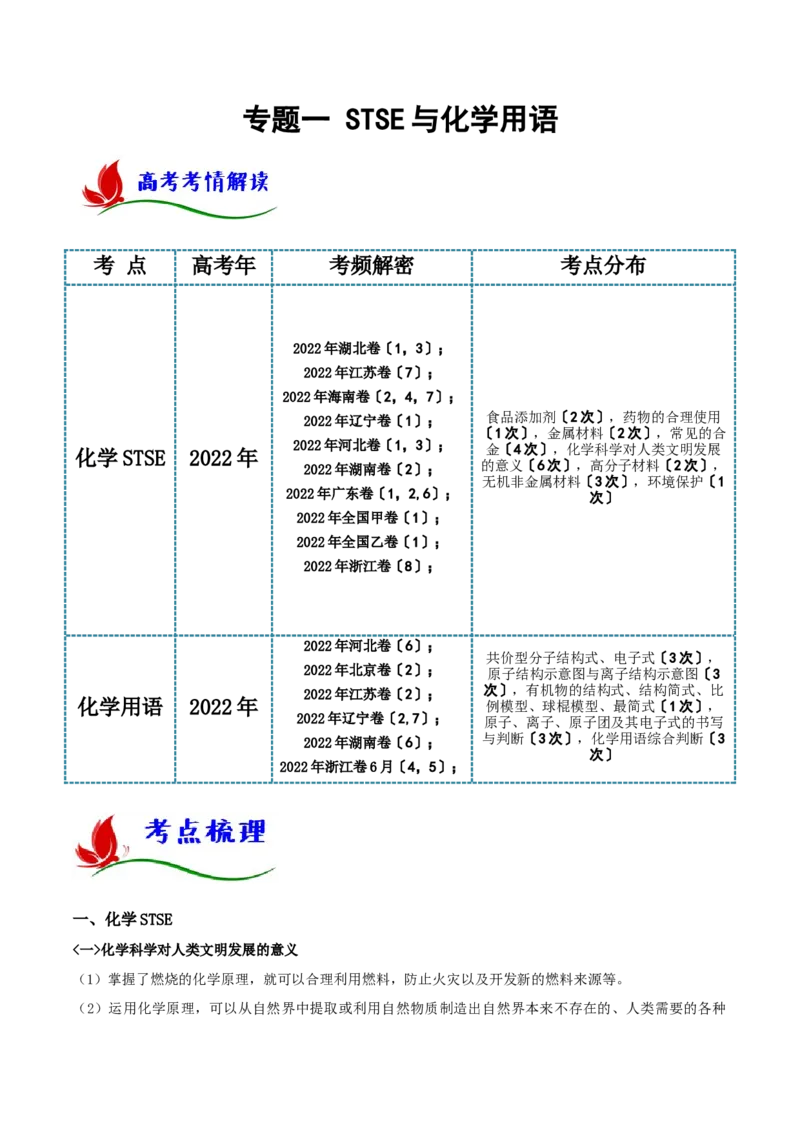 专题一STSE与化学用语（解析版）_05高考化学_新高考复习资料_2023年新高考资料_二轮复习_题型分类归纳2023年高考化学二轮复习讲与练