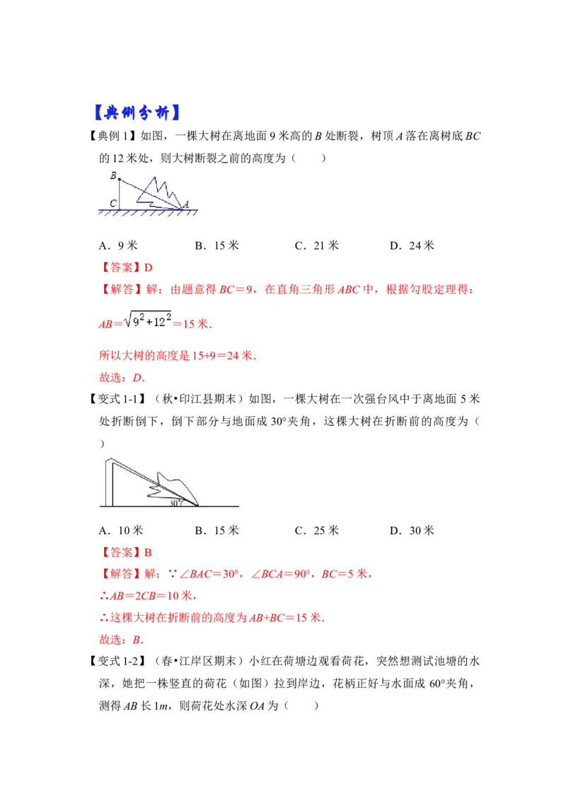 专题10勾股定理之大树折断模型综合应用（2大类型）（解析卷）_初中数学人教版_八年级数学下册_保存转存之后查看(1)_8下-初中数学人教版（2026春新版持续更新）_旧版-可参考_06习题试卷