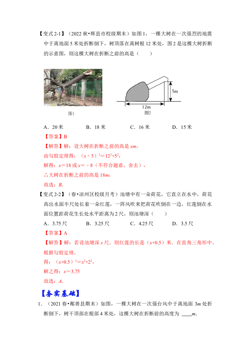 专题10勾股定理之大树折断模型综合应用（2大类型）（解析卷）_初中数学人教版_八年级数学下册_保存转存之后查看(1)_8下-初中数学人教版（2026春新版持续更新）_旧版-可参考_06习题试卷