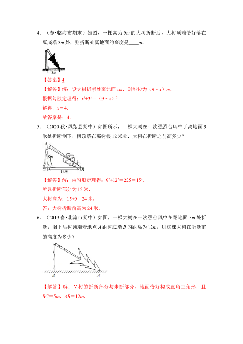 专题10勾股定理之大树折断模型综合应用（2大类型）（解析卷）_初中数学人教版_八年级数学下册_保存转存之后查看(1)_8下-初中数学人教版（2026春新版持续更新）_旧版-可参考_06习题试卷