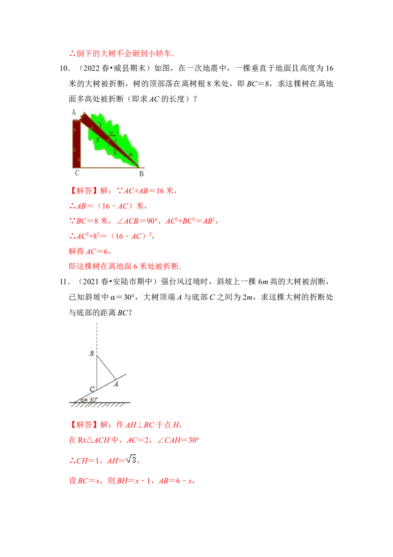 专题10勾股定理之大树折断模型综合应用（2大类型）（解析卷）_初中数学人教版_八年级数学下册_保存转存之后查看(1)_8下-初中数学人教版（2026春新版持续更新）_旧版-可参考_06习题试卷