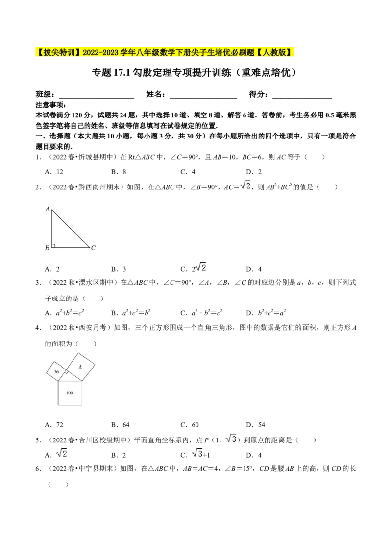 专题17.1勾股定理专项提升训练（重难点培优）-拔尖特训2023年培优（原卷版）人教版_初中数学人教版_八年级数学下册_保存转存之后查看(1)_旧版-可参考_07专项讲练