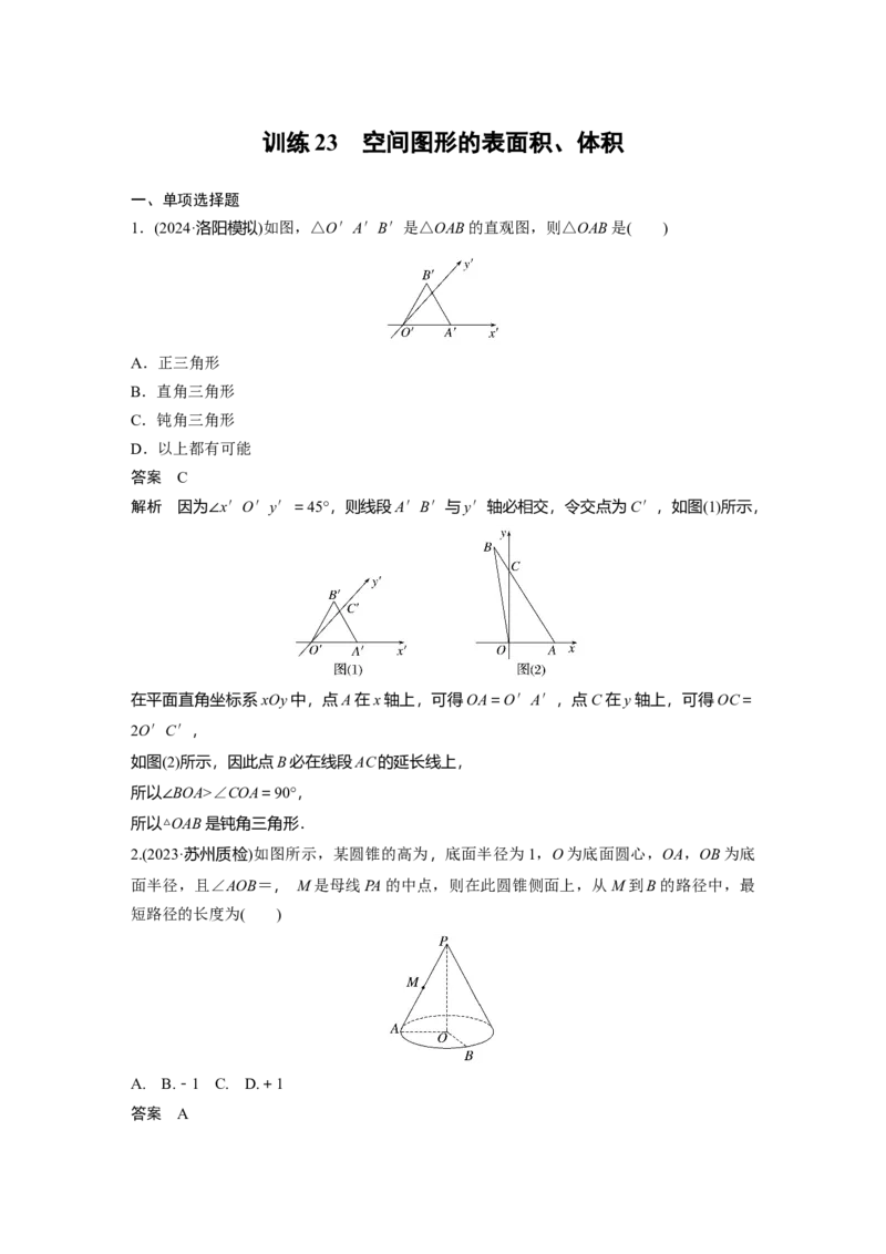 训练23　空间图形的表面积、体积_2.2025数学总复习_2025年新高考资料_一轮复习_2025高考大一轮复习讲义+课件（完结）_2025高考大一轮复习数学（苏教版）_配套Word版文档午练_午练