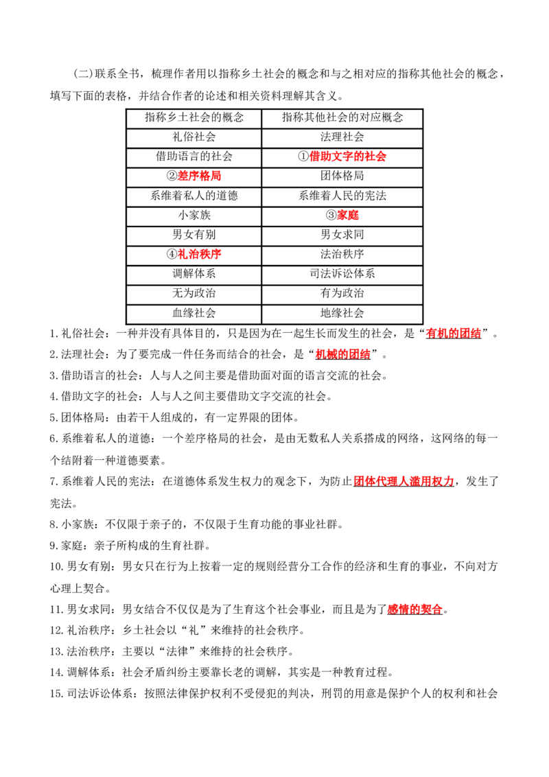 第五单元《乡土中国》整本书阅读（学生版）-2023年高一语文同步精品讲义（必修上册）_高语_2024年高中语文新人教版同步练习讲义word精讲精练高一高二电子版