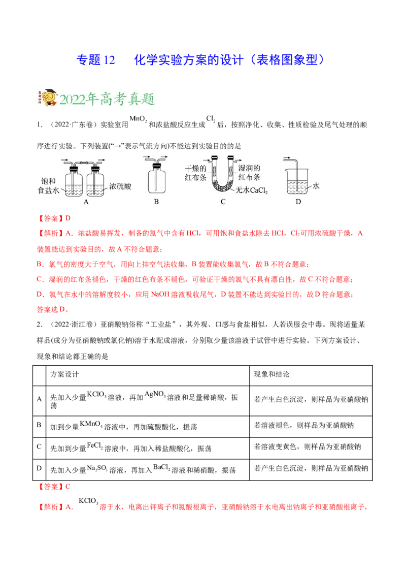 专题12化学实验方案的设计（表格图象型）&mdash;&mdash;三年（2020-2022）高考真题化学分项汇编（新高考专用）（解析版）_05高考化学_新高考复习资料_2023年新高考资料_专项复习