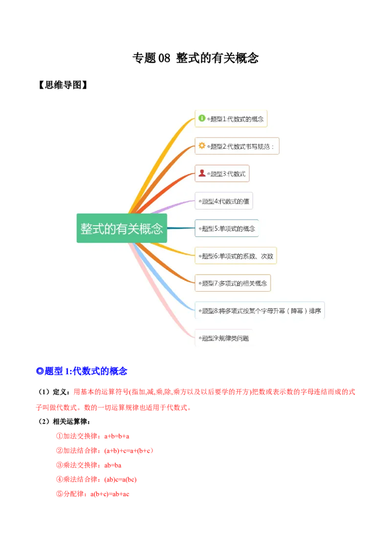 专题08整式的有关概念-一题三变系列2022-2023学年七年级数学上册重要考点题型精讲精练(人教版)(原卷版)_初中数学人教版_7上-初中数学人教版_7上-初中数学人教版（旧版）赠送