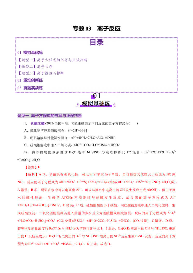专题03离子反应（练习）（解析版）_05高考化学_2025年新高考资料_二轮复习_上好课2025年高考化学二轮复习讲练测（新高考通用）3379109_主题一化学用语与基本概念