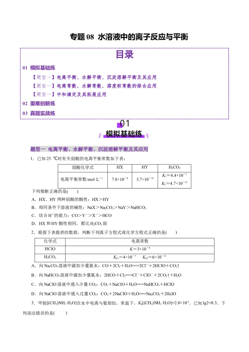 专题08水溶液中的离子反应与平衡（练习）（原卷版）_05高考化学_2025年新高考资料_二轮复习_上好课2025年高考化学二轮复习讲练测（新高考通用）3379109_主题三化学反应原理
