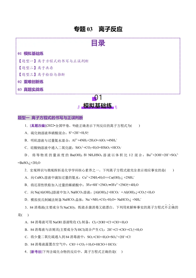专题03离子反应（练习）（原卷版）_05高考化学_2025年新高考资料_二轮复习_上好课2025年高考化学二轮复习讲练测（新高考通用）3379109_主题一化学用语与基本概念