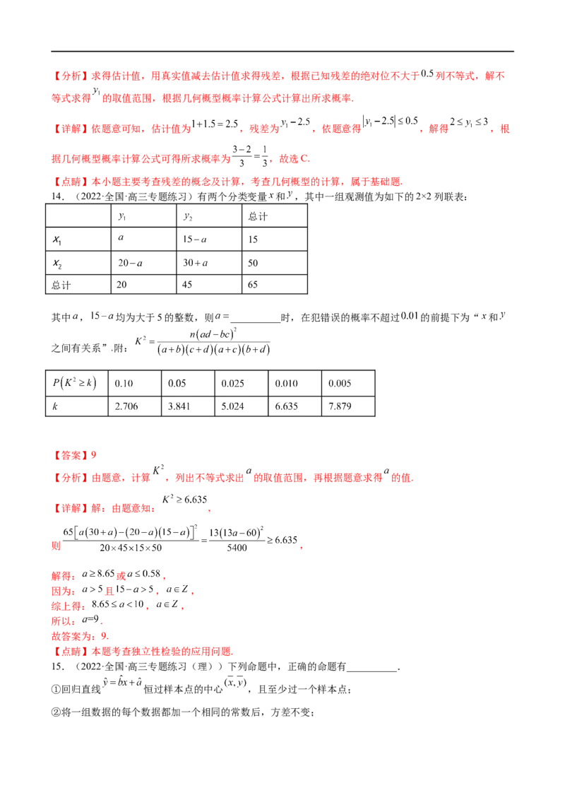 考点10-2回归分析与独立检验-2023年高考数学一轮复习小题多维练（全国通用）（解析版）_2.2025数学总复习_赠品通用版（老高考）复习资料_一轮复习