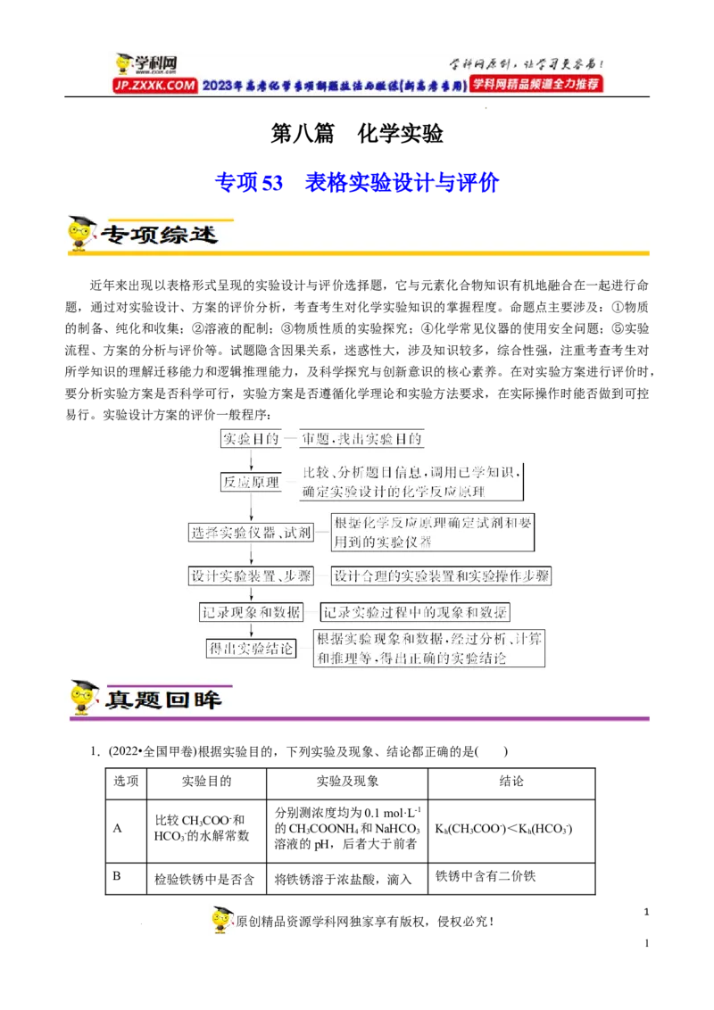 专项53表格实验设计与评价（解析版）_05高考化学_新高考复习资料_2023年新高考资料_专项复习_2023年高考化学热点专项导航与精练（新高考专用）