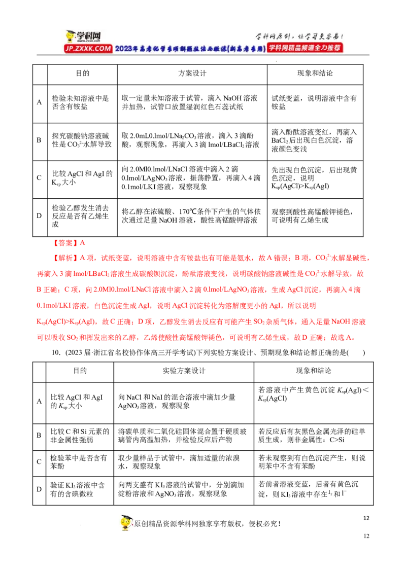 专项53表格实验设计与评价（解析版）_05高考化学_新高考复习资料_2023年新高考资料_专项复习_2023年高考化学热点专项导航与精练（新高考专用）