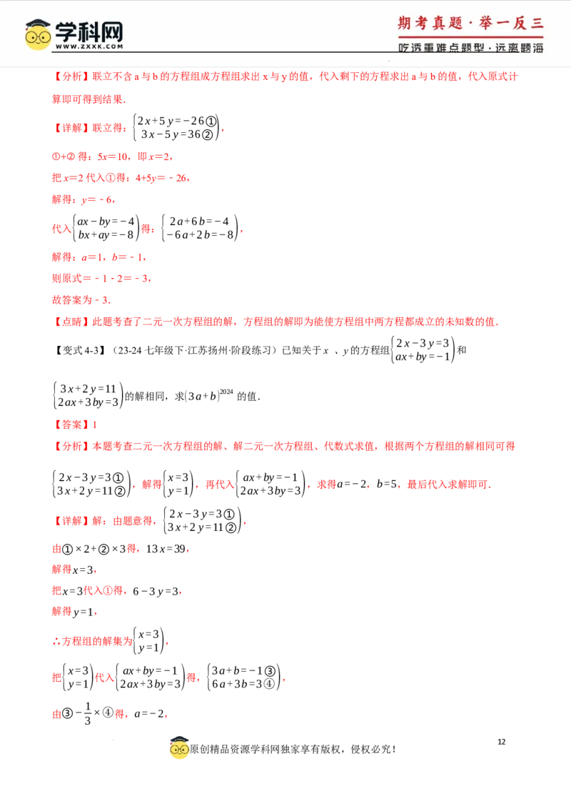 专题10.1二元一次方程组及其解法十大题型（举一反三）（人教版2024）（解析版）_初中数学人教版_7下-初中数学人教版_7下-初中数学人教版（2025春季新版）持续更新_04专项讲练
