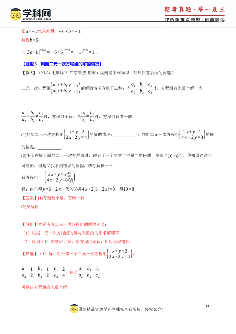 专题10.1二元一次方程组及其解法十大题型（举一反三）（人教版2024）（解析版）_初中数学人教版_7下-初中数学人教版_7下-初中数学人教版（2025春季新版）持续更新_04专项讲练