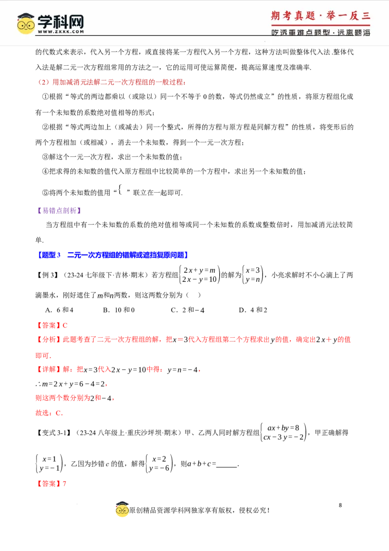专题10.1二元一次方程组及其解法十大题型（举一反三）（人教版2024）（解析版）_初中数学人教版_7下-初中数学人教版_7下-初中数学人教版（2025春季新版）持续更新_04专项讲练