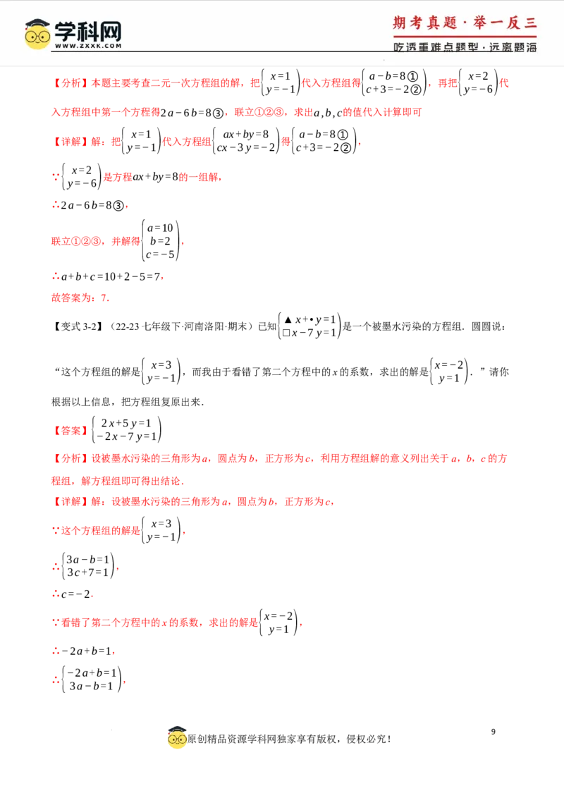 专题10.1二元一次方程组及其解法十大题型（举一反三）（人教版2024）（解析版）_初中数学人教版_7下-初中数学人教版_7下-初中数学人教版（2025春季新版）持续更新_04专项讲练
