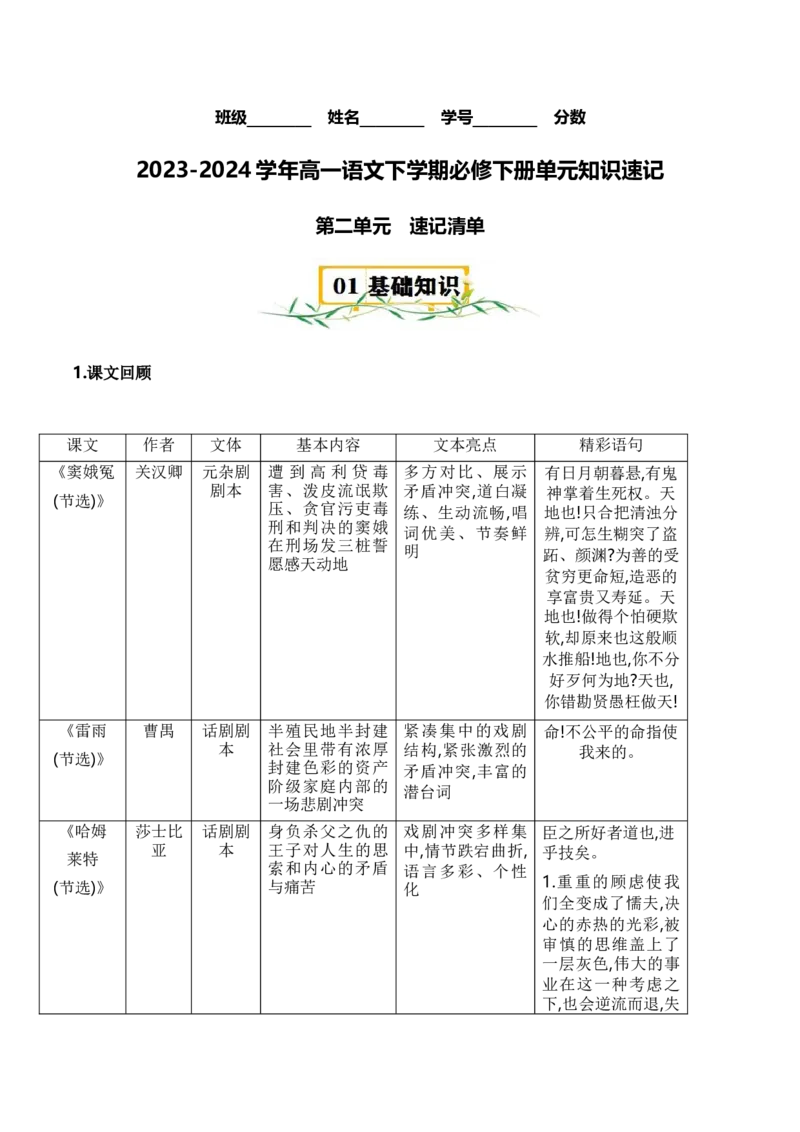 第二单元（知识清单）统编版必修下册）_高语_高中语文_必修下册_知识清单