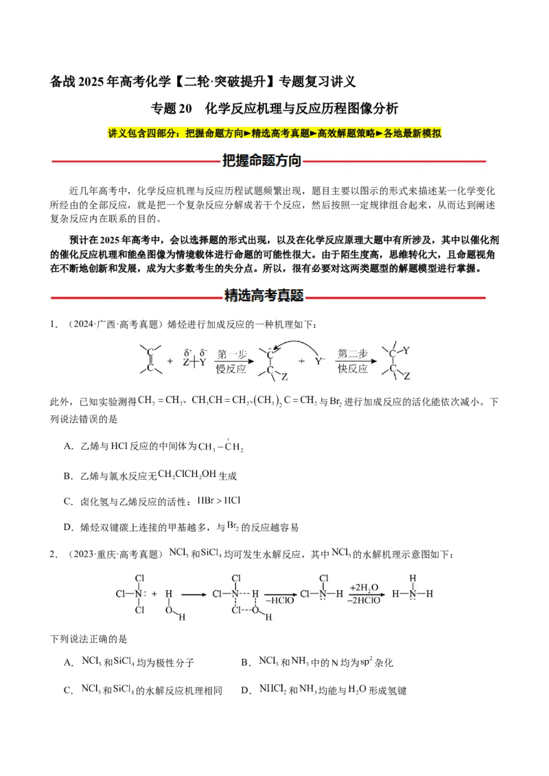 专题20化学反应机理与反应历程图像分析（原卷版）-备战2025年高考化学二轮&middot;突破提升专题复习讲义（新高考通用）_05高考化学_2025年新高考资料_二轮复习_01高考语文等多个文件