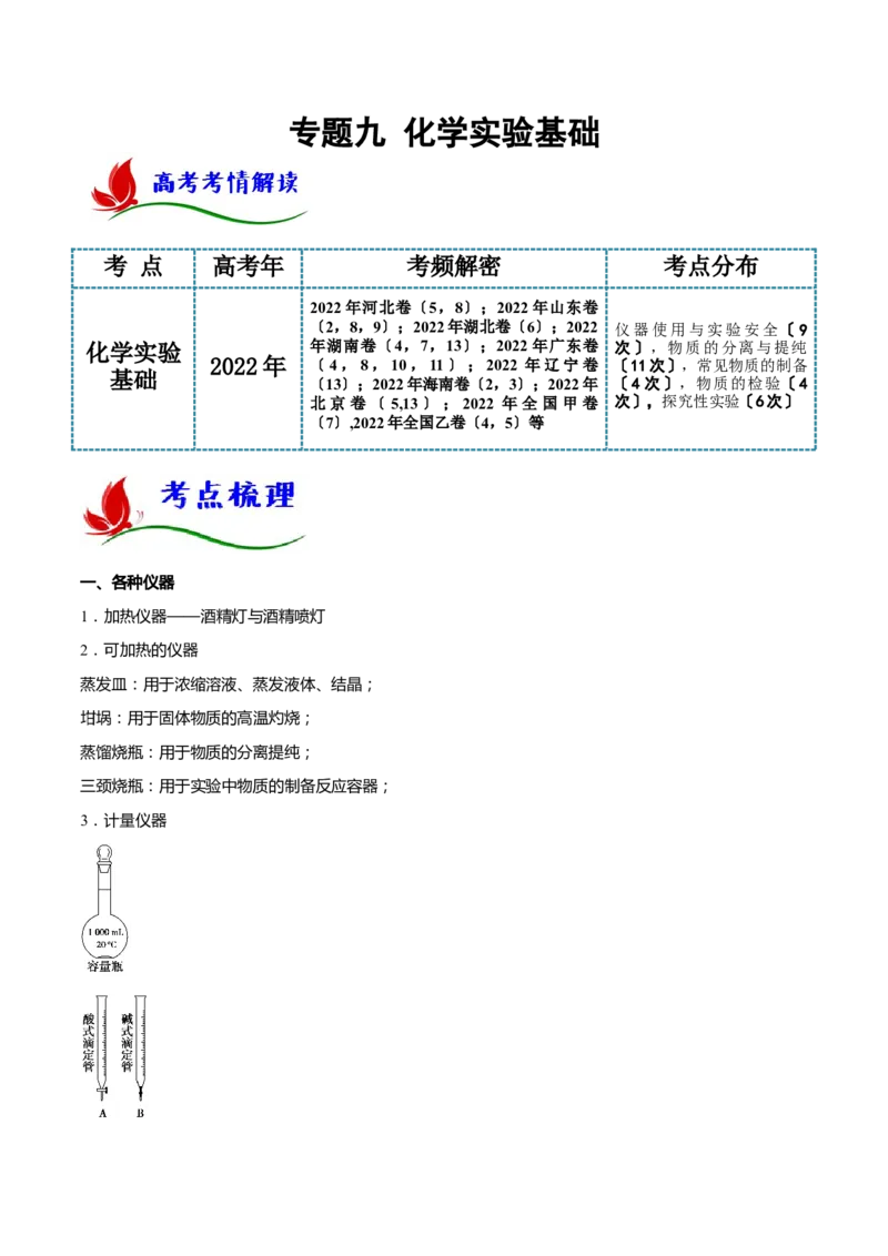 专题九化学实验基础（原卷版）_05高考化学_新高考复习资料_2023年新高考资料_二轮复习_题型分类归纳2023年高考化学二轮复习讲与练